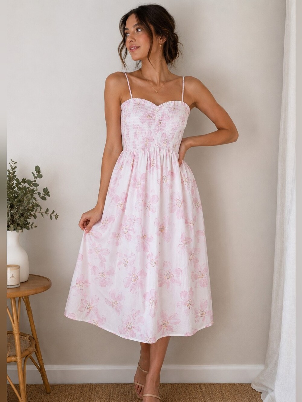 H&M Light Pink Floral Spaghetti-Strap Midi Dress